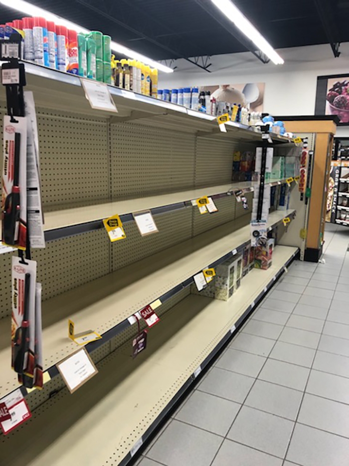 Empty toilet paper shelves at Borderland Co-op Marketplace in Moosomin.