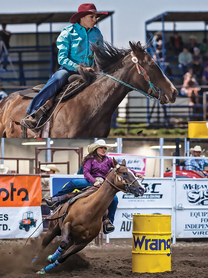 Chloe Crossley, top, and Jacey Crossley, bottom, competing in barrel racing.