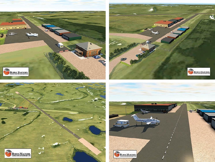These renderings by Burns Maendel Consulting Engineers show the proposed expansion of Moosomin’s airport. The new runway would run northwest-southeast in line with the prevailing winds. A new access road, taxiway, and apron would be built on the road allowance that the current runway is built on.