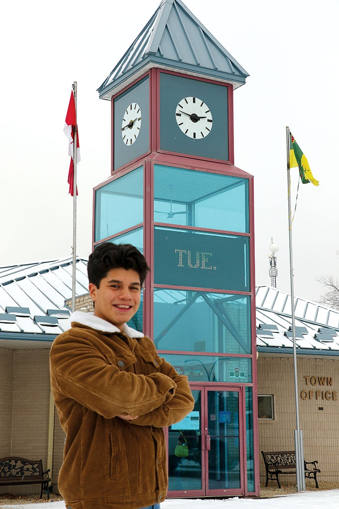 Victor Santos Jr. standing in front of the Moosomin Town Offices where he will be attending town council meetings as youth councillor, representing the interests of the town’s youth.