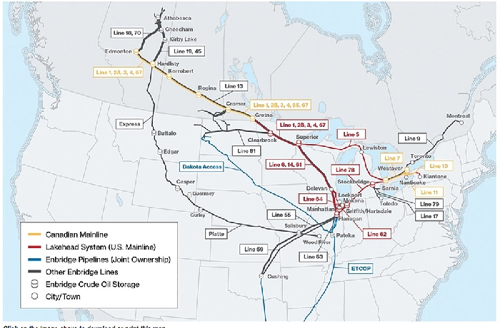 With more than 13,800 kilometers (nearly 8,600 miles) of active pipe, Enbridges Mainline pipeline network has the capacity to transport 2.85 million barrels a day of light and heavy crude oil from Edmonton and across the Canadian Prairies to the U.S. Midwest and Ontario.