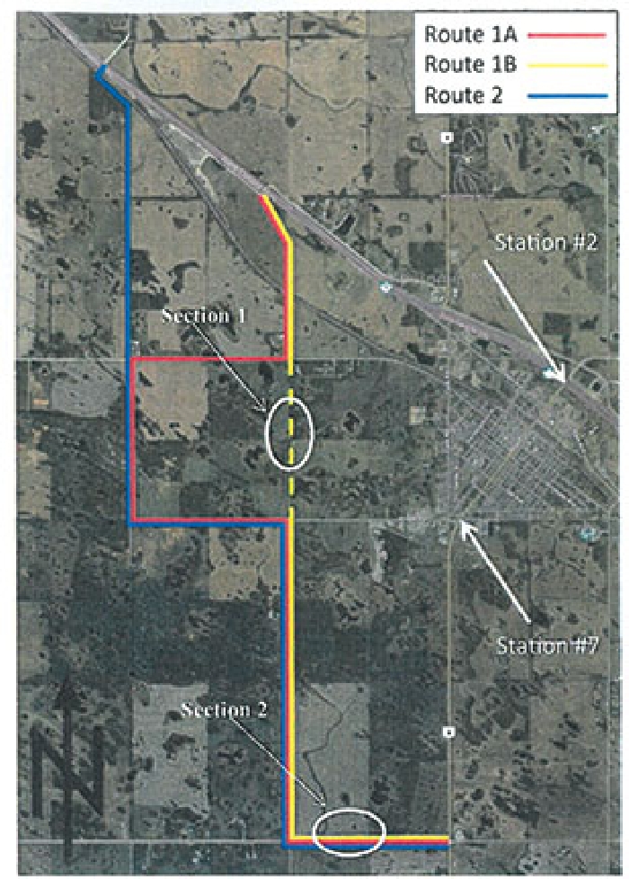 Potential truck routes Saskatchewan Highways has completed a study on the design of an alternate truck route to take Highway 8 truck traffic around the town of Moosomin. The study has identified three potential truck routes to the west of town. The preferred route, the study found, is Route 1B, which would run one mile west of Highway 8 on the Lake Road, and straight north to the P&H Terminal where it would meet with Highway 1. It would require some new roadway to be built, shown by the dotted line on the map, but the RM has already developed a road along part of the undeveloped road allowanc