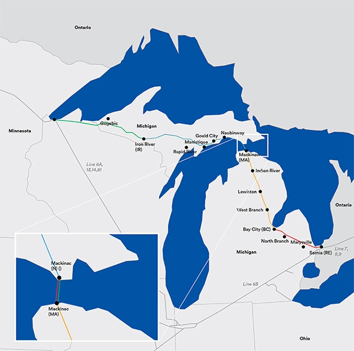 Enbridge’s Line 5 crosses the straits connecting Lake Michigan and Lake Huron.