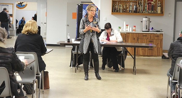 Colleen Christopherson, a municipal advisor with the Ministry of Government Relations, speaking at the public meeting in Welwyn Wednesday.