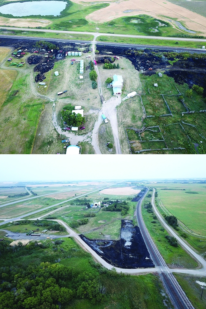 Top:The Peter and Patti McMullen farm yard east of Moosomin saw some equipment damaged by a grass fire apparently sparked by a train on Wednesday afternoon. Bottom: Fire came close to the John and Jacqui Harrison farm yard east of Moosomin in the fire Wednesday. Some of the barley crop was destroyed by fire in the field in the background of this photo.