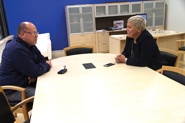 World-Spectator editor Kevin Weedmark interviews Sask Party leadership candidate Tina Beaudry-Mellor at the World-Spectator office in Moosomin on Thursday.