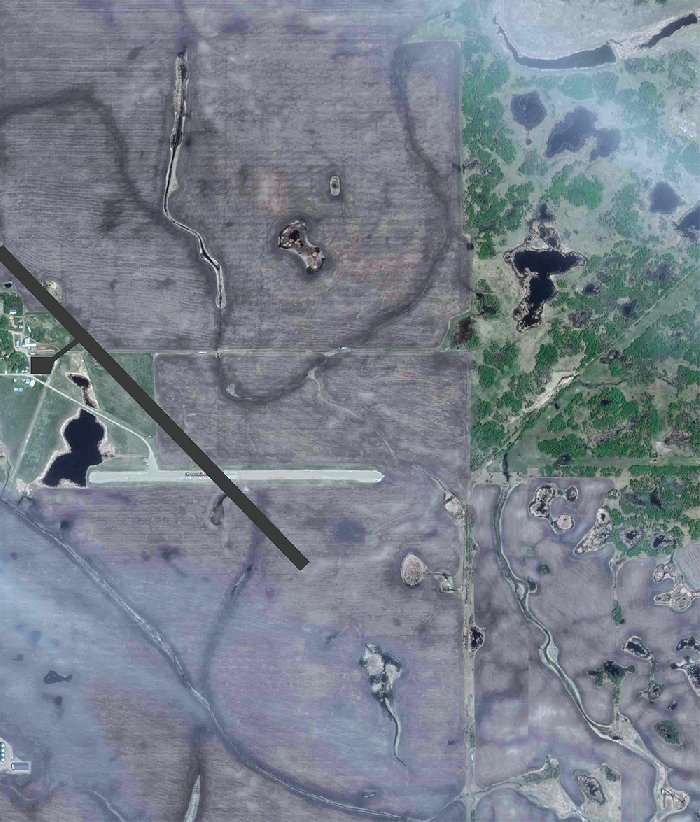 Moosomin Airport showing the current runway and a potential alternate runway alignment that would be in line with prevailing winds to prevent crosswinds in landing.
