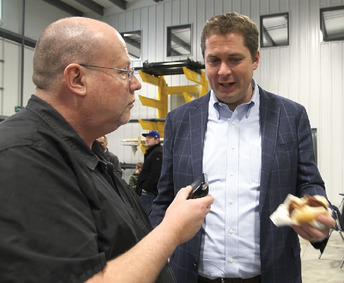 Editor Kevin Weedmark interviews Opposition Leader Andrew Scheer at the Pro-Resource Rally in Moosomin on Saturday, February 16.