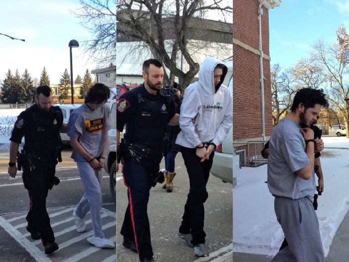 From left, Dominick Hawkes, Keegan Muxlow and William McLeod appeared in Weyburn provincial court Tuesday in connection to a home invasion on Friday.