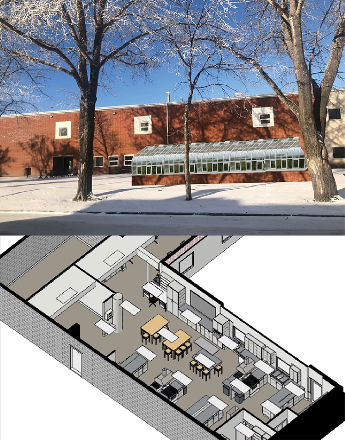 An area showing a new home ec space in the current library space on the west side of McNaughton High, and a rendering of a solarium that would be accessed through the new library.