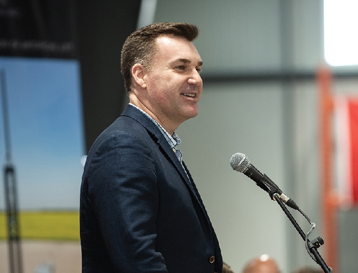 Moosomin MLA Steven Bonk speaks at the Pro-Resource Rally in Moosomin on February 16.