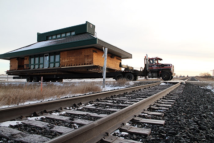 The new clubhouse for Pipestone Hills Golf Club, which is the former Tourism Saskatchewan visitor reception centre from the Manitoba-Saskatchewan border, crosses the CP Main Line just south of the Trans-Canada Highway on its way to the golf course.