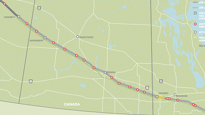 The Enbridge Line 3 route across Saskatchewan and Manitoba. A short section of Line 3 east of Cromer has been replaced already. The rest will be replaced as part of the new project.