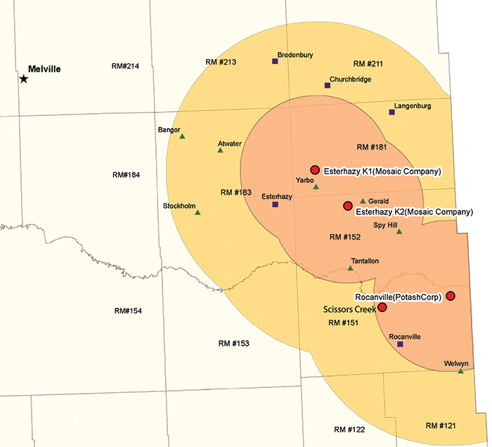 The new PotashCorp Rocanville shaft as Scissors Creek is being taken into account for potash tax sharing for the first time this year. The shaded areas on this map show the 10-mile and 20-mile radiuses that were used for potash tax sharing until last year. This year the Scissors Creek shaft will be included, extending the radiuses farther west and south, so that the RM of Silverwood and the town of Wapella will receive potash tax for the first time.