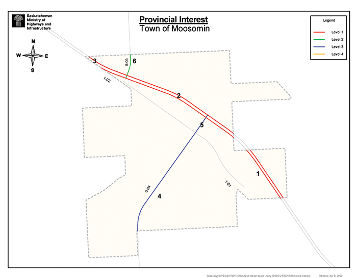 This map shows the highways covered by the Urban Highway Connector Program in Moosomin. Under the provincial plan, the first complete rehabilitation of Highway 8, which is also Main Street, would be entirely the financial responsibility of Saskatchewan Highways, but the town has received no commitment from the province on when that funding might come through, despite the poor condition of Main Street.