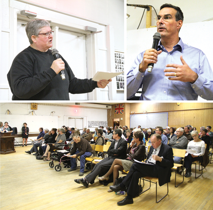 Above, Catherine Dorcas, and right, Dr. Ross Kerkhoff make their points at the Regina Qu’Appelle Health Region board meeting in Moosomin Wednesday. Below, a large crowd attended the meeting Wednesday.
