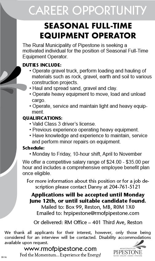 RM of Pipestone - Reston, MB - Seasonal Full-Time Equipment Operator 