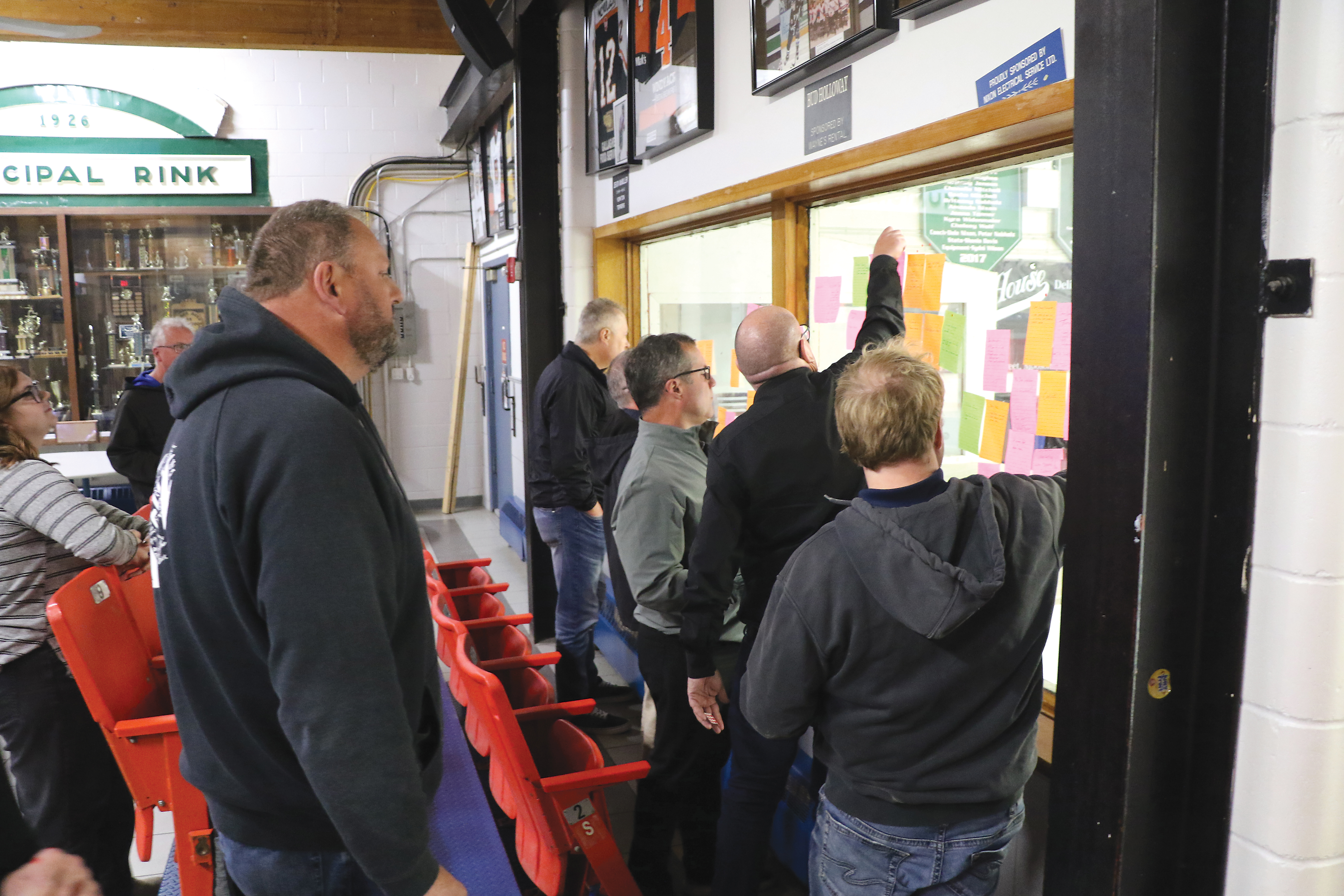 Moosomin�s economic round table on Thursday. Community members were asked to choose development goals and targets, stick them on the rink windows, and then vote on them to see which rose to the top of the priority list. Information from that session will be incorporated into a long-term growth plan for the region.