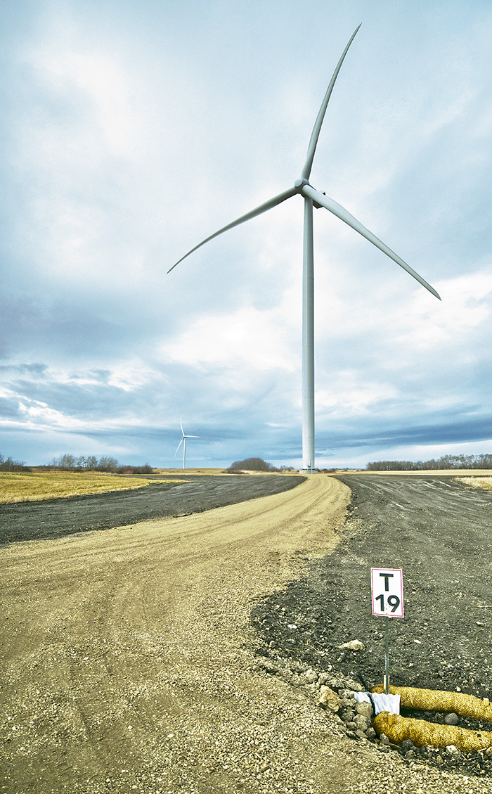 Turbine T19 is one of two on Cowessess First Nation land. In total, the Bekevar Yôtin Wind Energy Project has 36 wind turbines operating in a vast area south of Kipling. <br />
