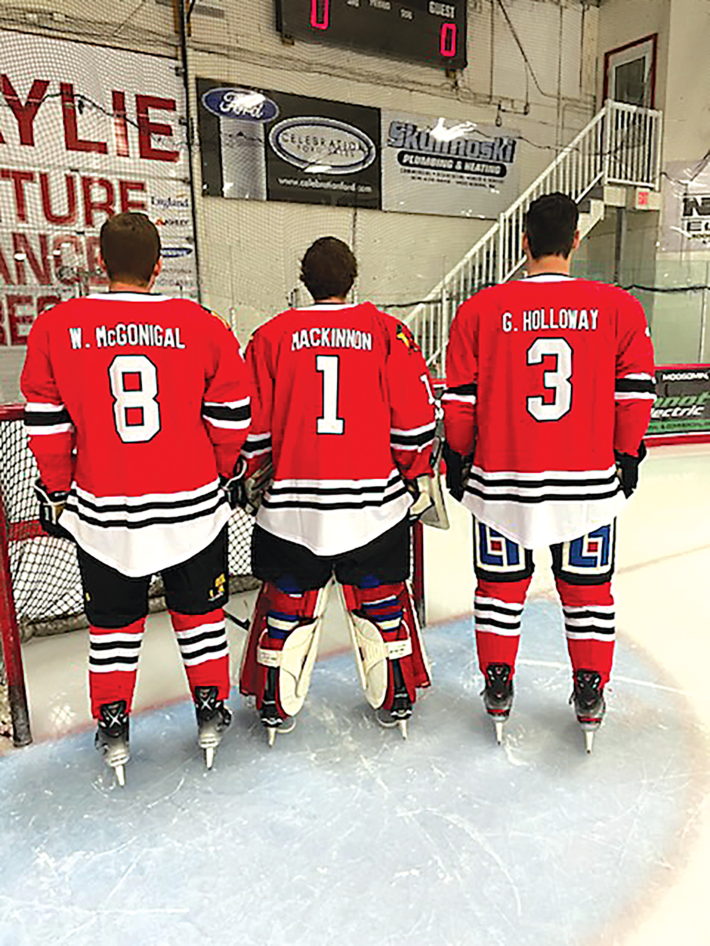 Devin McGonigal wearing the jersey of his relative Winston McGonigal, Levi Horn wearing his great grandfathers jersey, and Bud Holloway wearing his grandfather George Holloways jersey. All of the Rangers will be wearing the jerseys of former Blackhawks players during the Jan. 15 game.