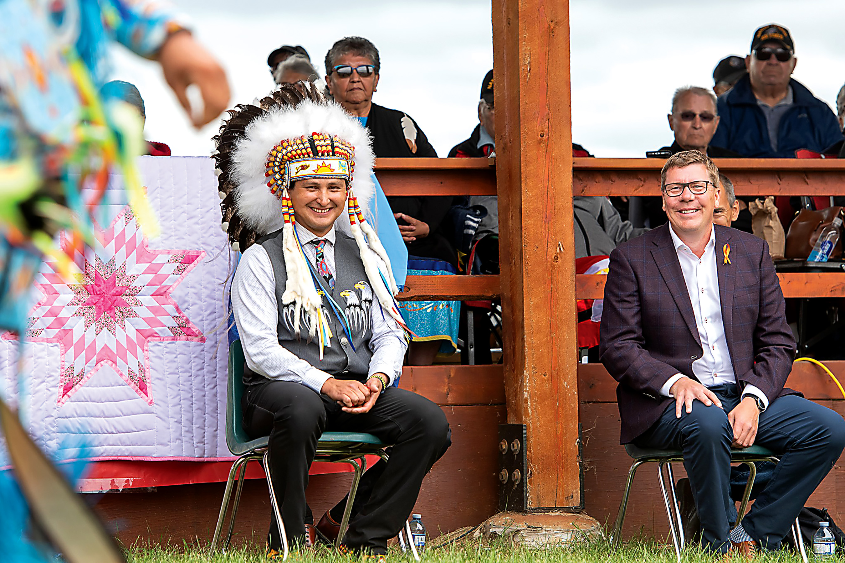 Chief Cadmus Delorme and Saskatchewan Premier Scott Moe at the signing ceremony.