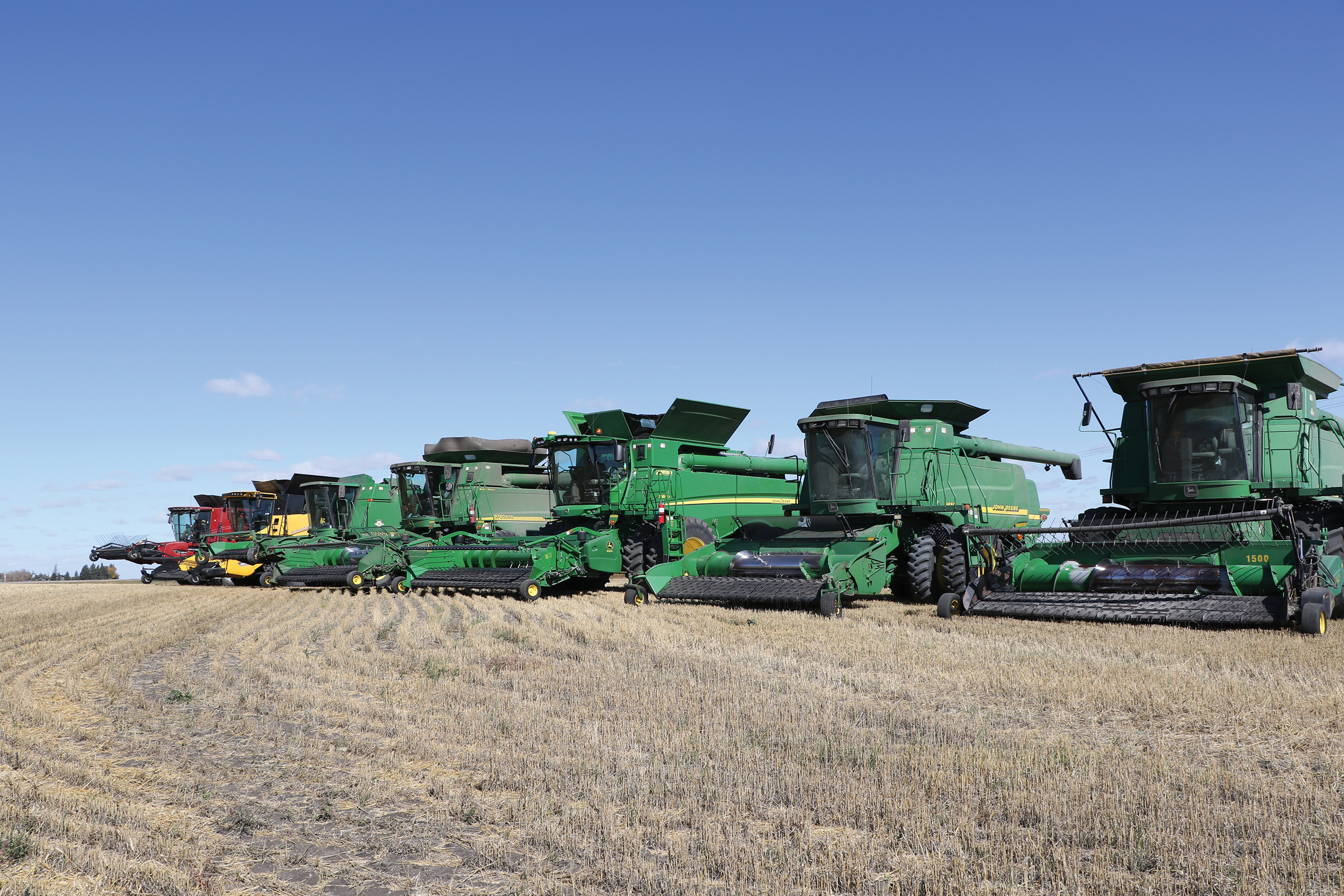 The line of combines ready to roll at the 2021 harvest day.