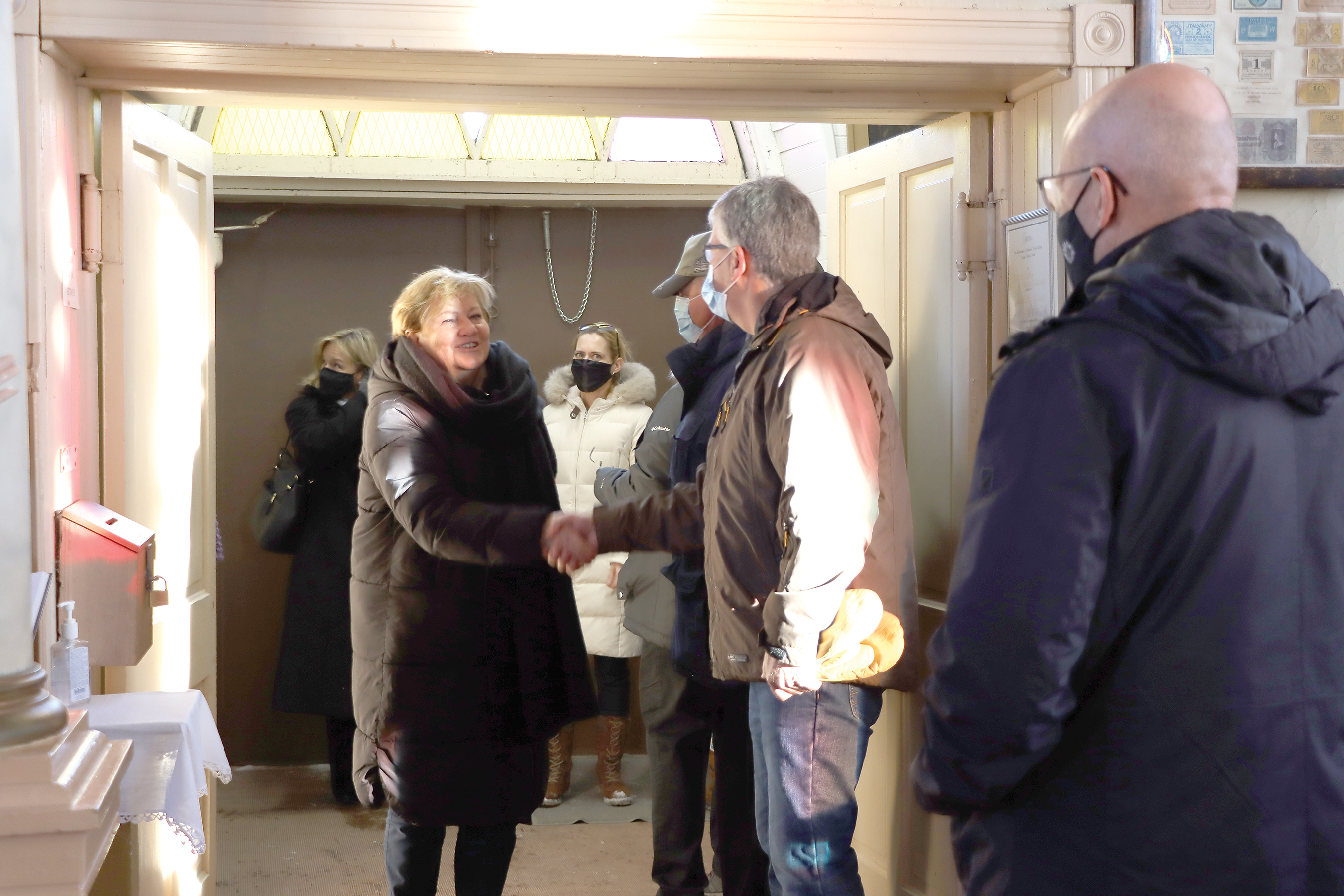 Hungarian Prime Ministers Representative Katalin Szili greeting people at Kaposvar church in Esterhazy.