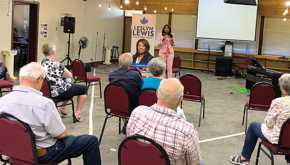 Supporters meet with Dr. Leslyn Lewis during a visit to the Yorkton-Melville riding Monday.