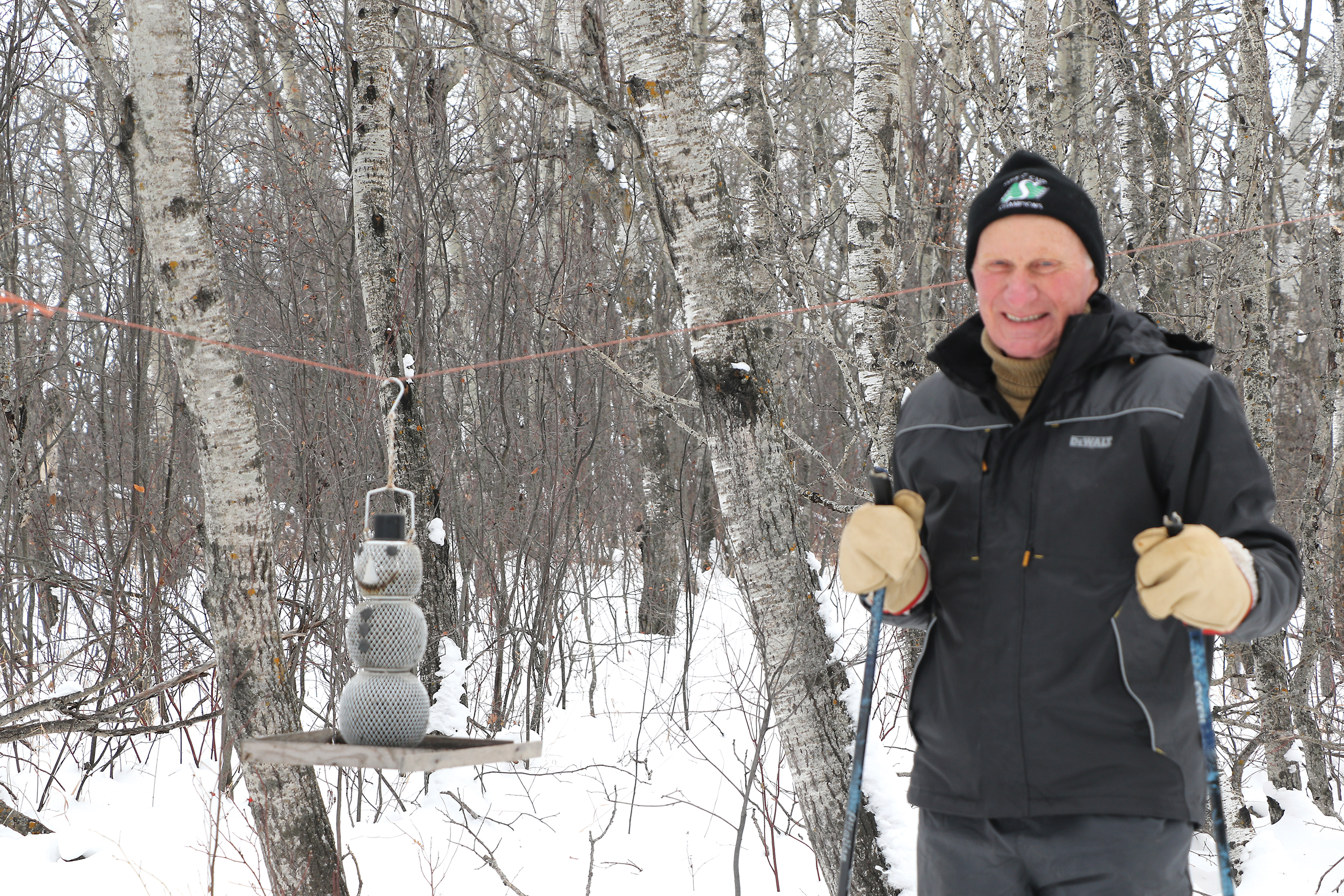 Bird feeders were hung up throughout the different trails of Rocanville Cross-Country Ski Trails. Dennis Hack, the equipment co-ordinator for the club, says his favorite bird feeder is the feeder that’s shaped like a snowman.