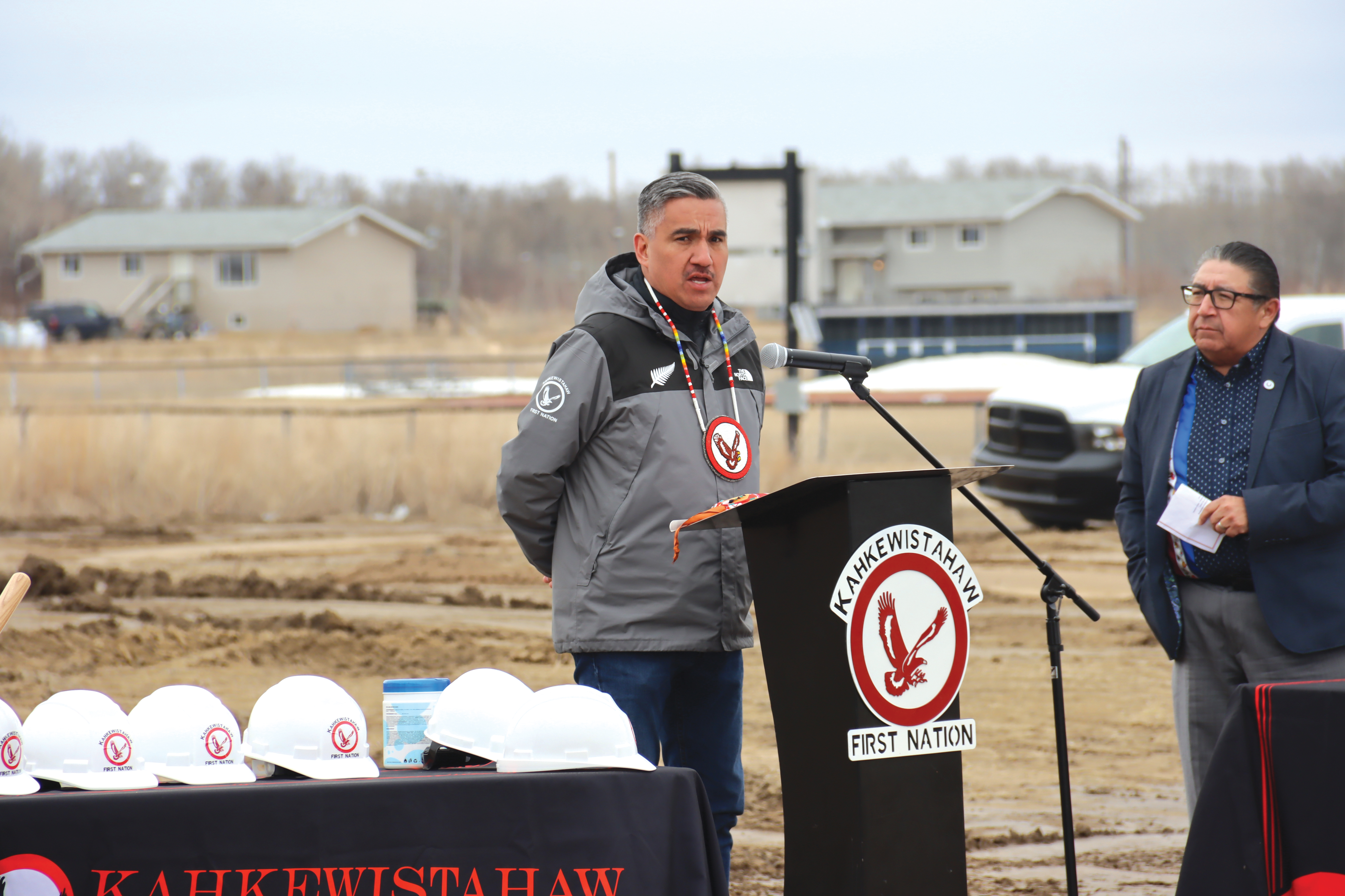 Chief Evan Taypotat addresses the nation at the Sod turning last Monday.