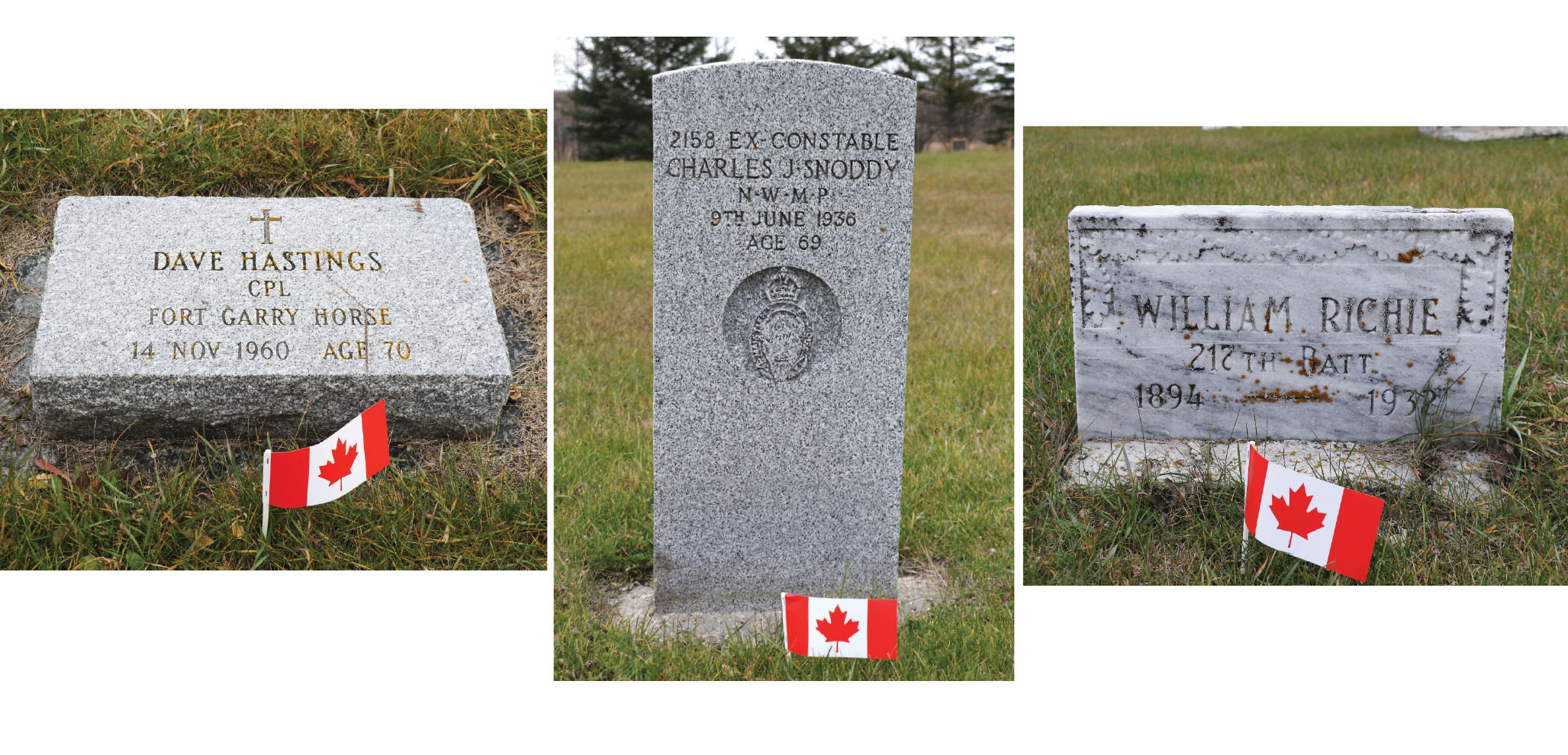 Some of the gravestones of fallen service members including the grave stone of a member of the Royal Northwest Mounted police, at right, from a time when there was a jail in Moosomin and they used to bring prisoners to the town.