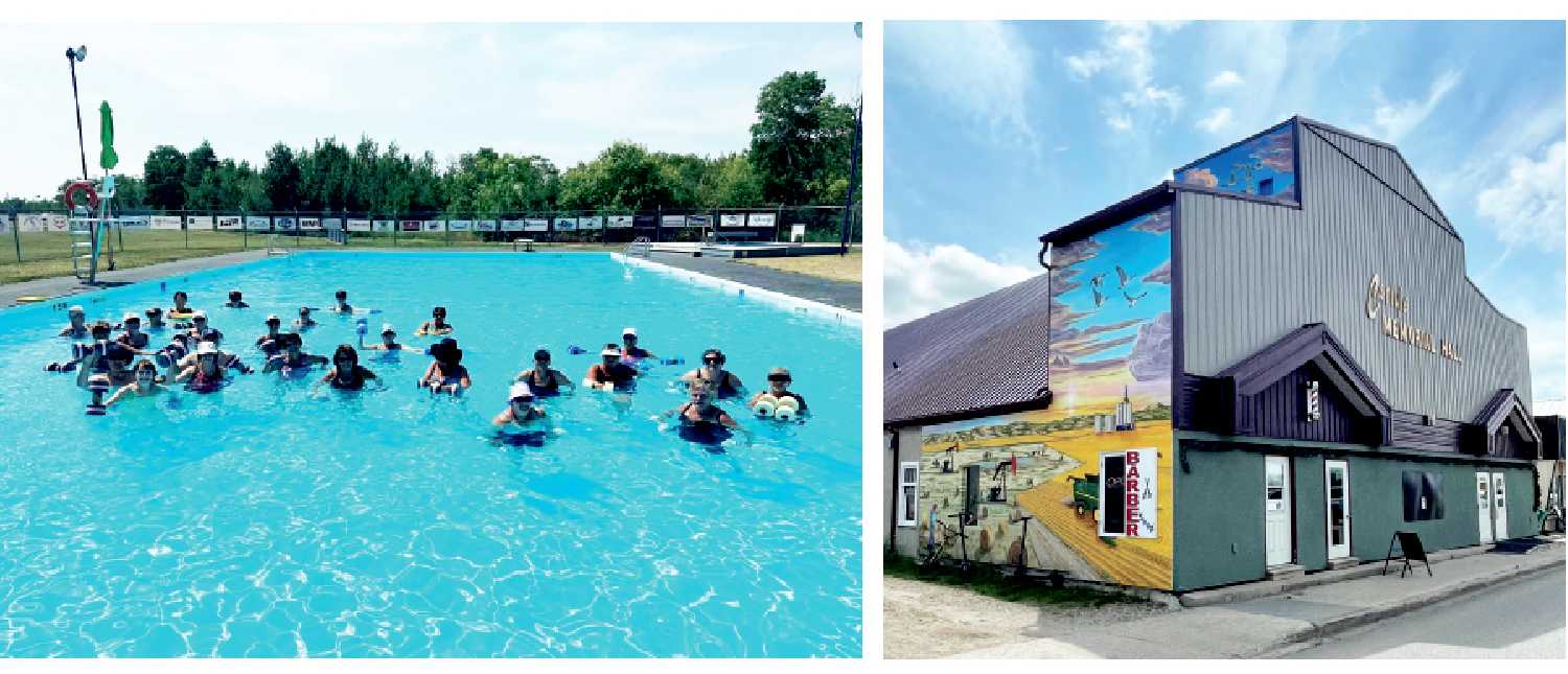 Left: The Carlyle swimming pool is ready for a full season after upgrades were completed on the pool. Right: The Carlyle Memorial Hall with a mural painted on its side. There have been some upgrades to the hall, with more work planned for 2027.