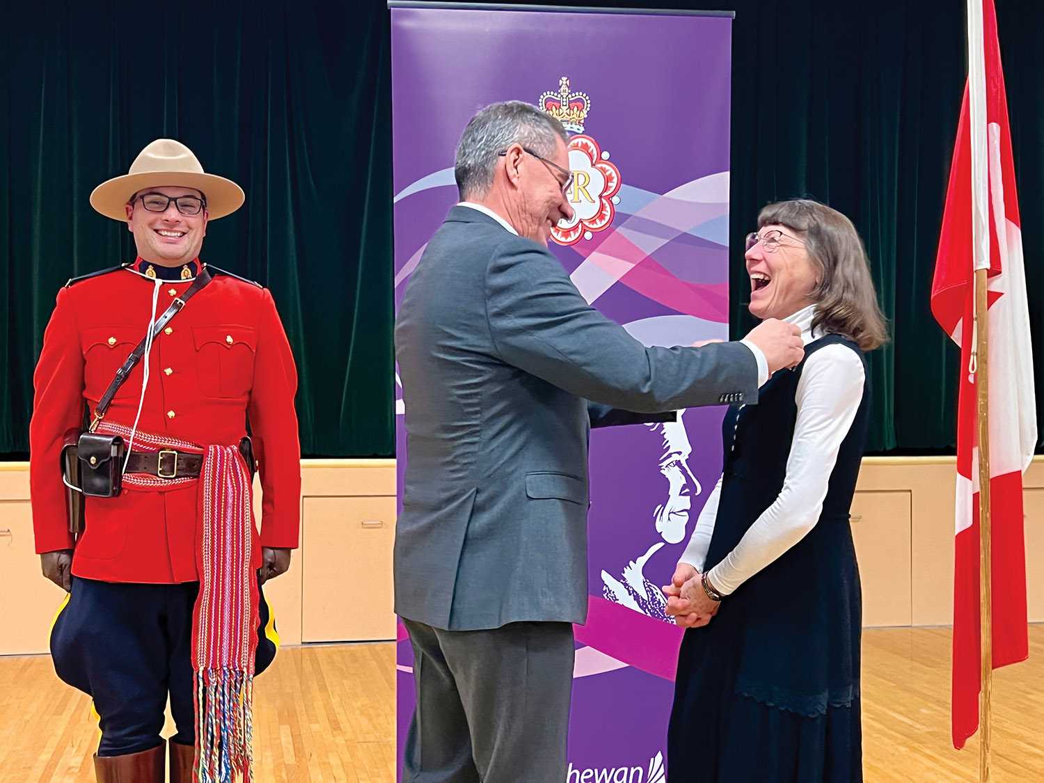 Queen Elizabeth II Platinum Jubilee Medals were presented last week. Marlene Tarr of Kipling was honored at the Moosomin constituency presentation Thursday evening. From left are Cst. Rob Laroque, Saskatchewan Lieutenant-Governor Russ Mirasty, and Marlene Tarr.