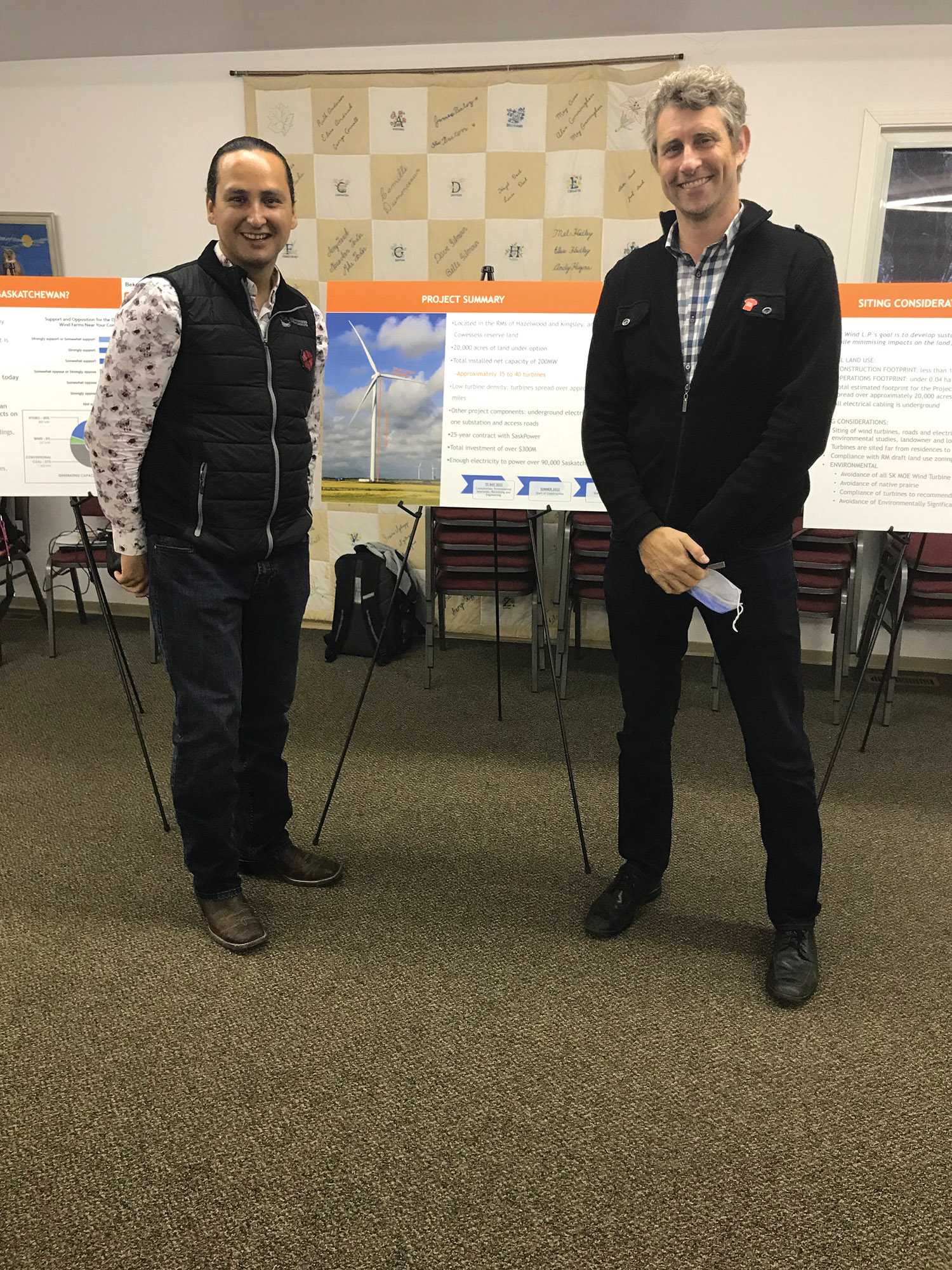 <b>Wind project open house</b> Chief Cadmus Delorme of Cowessess First Nation and Patrick Henn of Renewable Energy Systems Canada at the open house for the Bekevar Wind Energy Project.