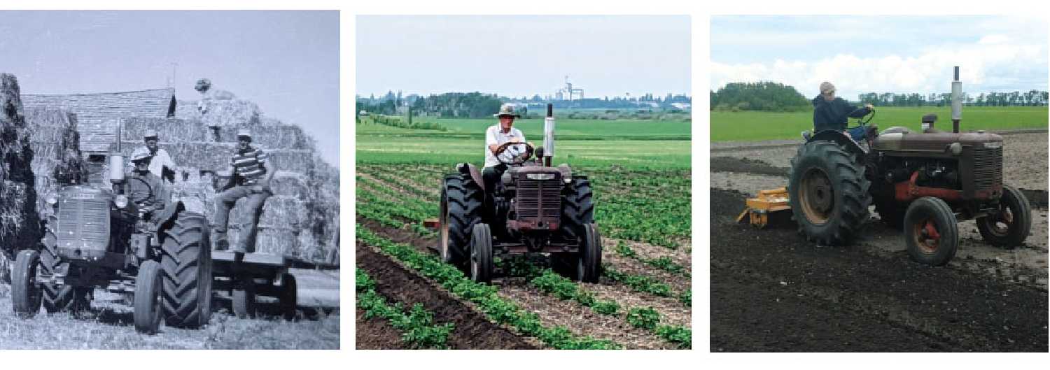 Left: Chris Hack pictured with sons Fred and Dennis in 1958. Center: Dennis Hack in the field in 2023. Right: Dennis� grandson John on the tractor in 2026.