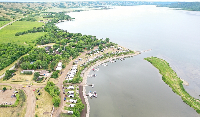 An aerial view of the campsite and the marina at West End Resort on Round Lake.