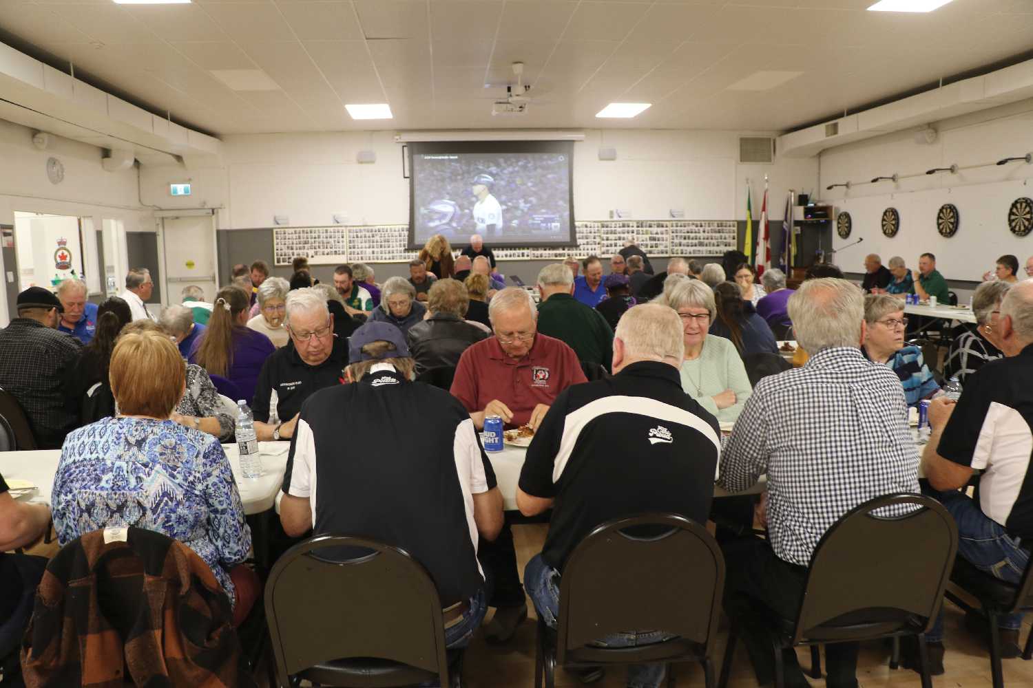 The Elks enjoying dinner at the Moosomin Legion Hall for their 75th anniversary.