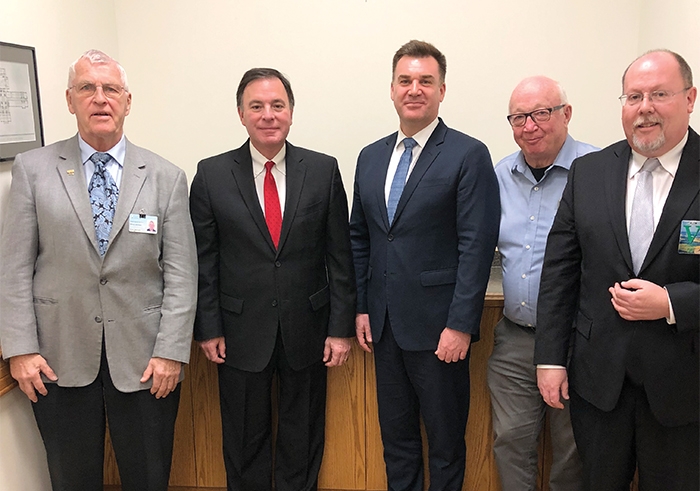 A delegation from the Moosomin Economic Development Committee met with Saskatchewan Deputy Premier Gord Wyant at the legislature last week. From left are Sinc Harrison, Deputy Premier Gord Wyant, Moosomin MLA Steven Bonk, Bill Thorn, and Kevin Weedmark.