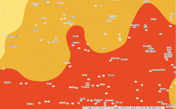 Much of Saskatchewan is under moderate drought (yellow), severe drought (orange), or extreme drought (red). Moosomin is currently in the severe drought area while a large part of Manitoba is under extreme drought, including Virden, Elkhorn, Pipestone, and Melita.