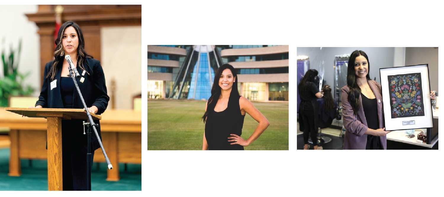 Left to right: Destinee Peter at a Women Entrepreneurs of Saskatchewan event at the Saskatchewan Legislature, at the First Nations University, and receiving an Indigenous Entrepreneurship award.