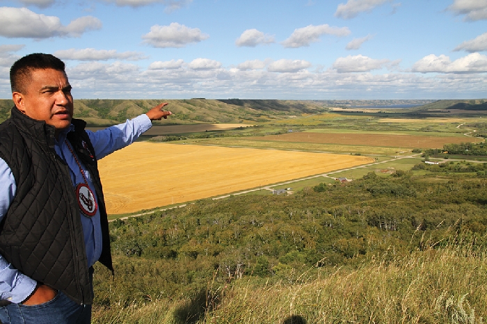 Kevin Weedmark photo Kahkewistahaw Chief Evan Taypotat points out Birds Point at Round Lake, in the distance, from one of his favorite spots on the Kahkewistahaw First Nation.