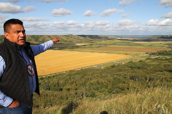 Kevin Weedmark photo Kahkewistahaw Chief Evan Taypotat points out Birds Point at Round Lake, in the distance, from one of his favorite spots on the Kahkewistahaw First Nation.