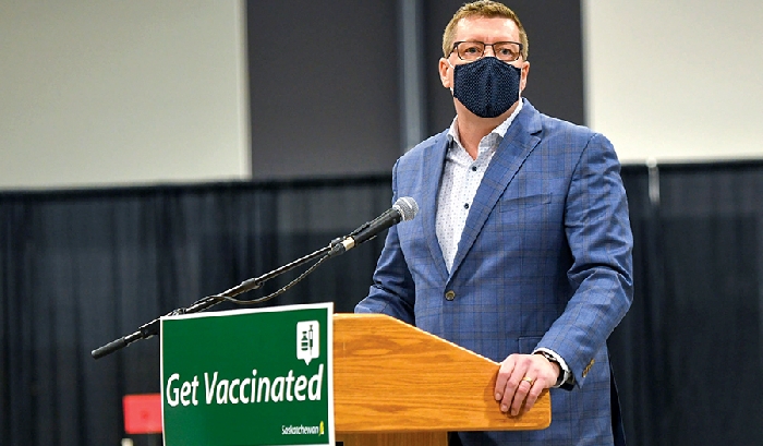 Saskatchewan Premier Scott Moe at the mass vaccination site at the International Trade Centre in Regina.