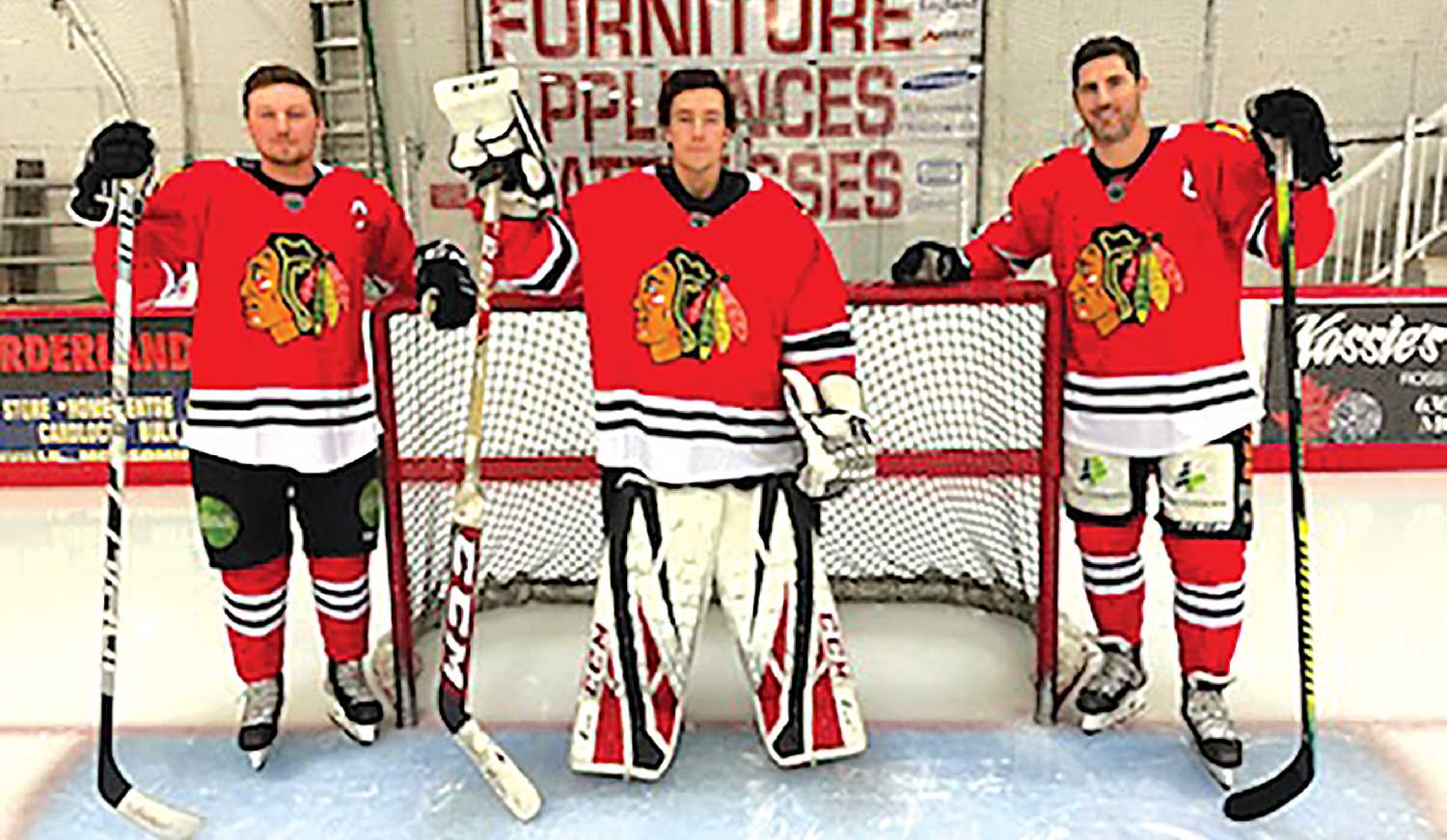 Devin McGonigal wearing the jersey of his relative Winston McGonigal, Levi Horn wearing his great grandfather’s jersey, and Bud Holloway wearing his grandfather George Holloway’s jersey. All of the Rangers will be wearing the jerseys of former Blackhawks players during the Jan. 15 game.