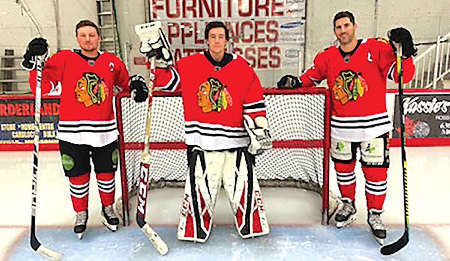 Devin McGonigal wearing the jersey of his relative Winston McGonigal, Levi Horn wearing his great grandfathers jersey, and Bud Holloway wearing his grandfather George Holloways jersey. All of the Rangers will be wearing the jerseys of former Blackhawks players during the Jan. 15 game.