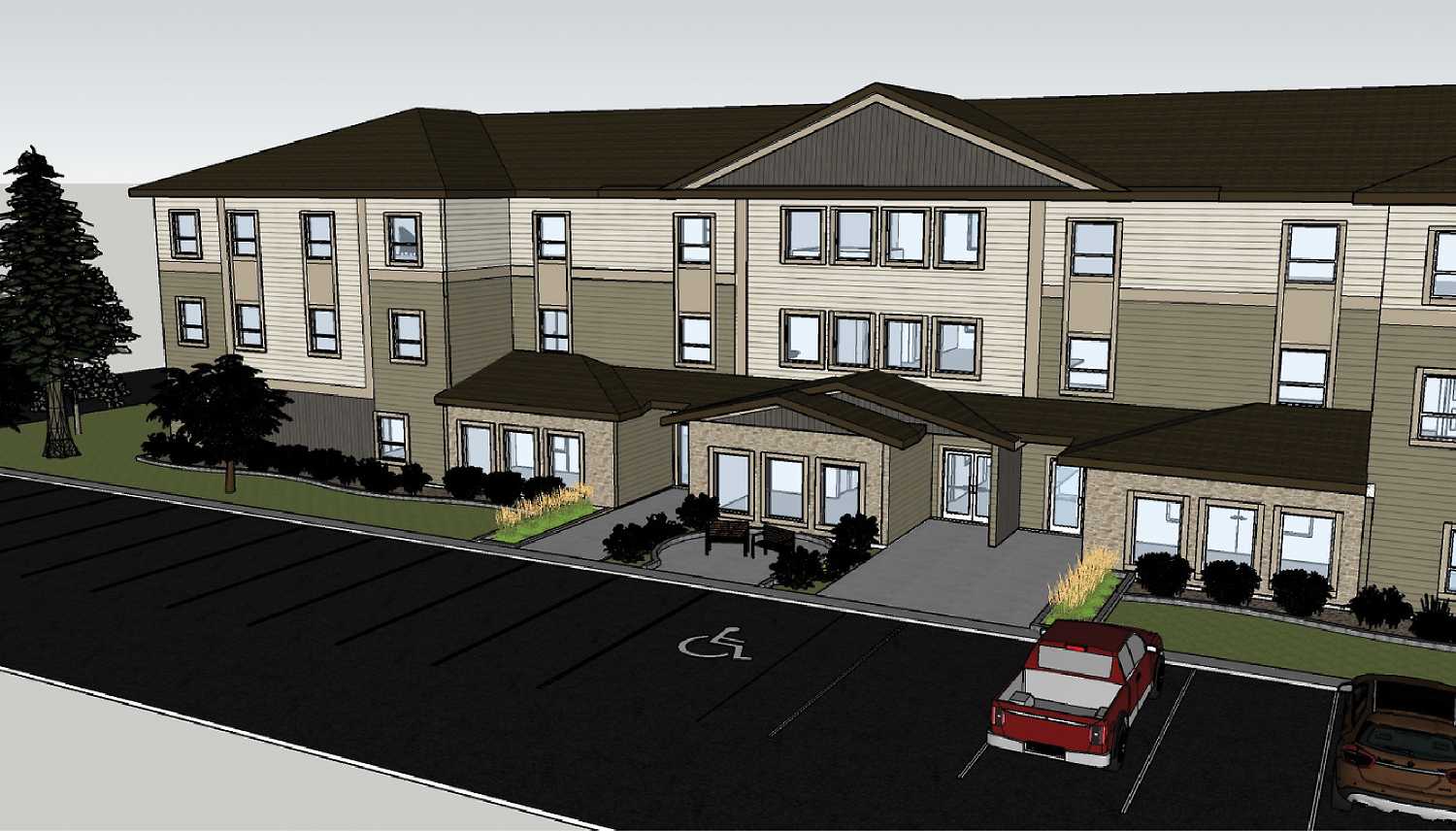A rendering of the front of Pipestone House which will be built on Wright Road next to Pipestone Villas.