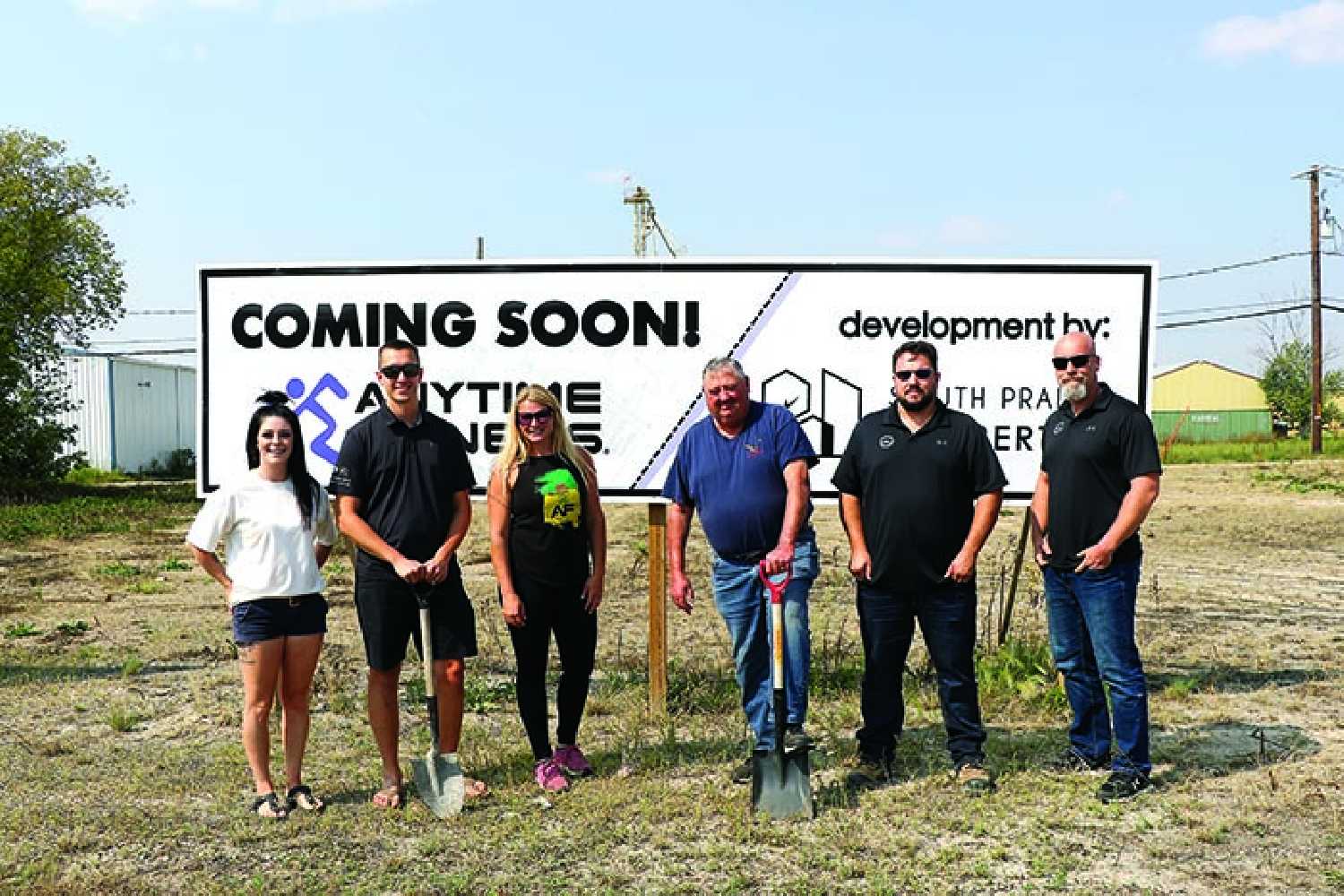 A groundbreaking was held August 28 for the Anytime Fitness location in Moosomin. From left are, Carmen and Jay Hamilton of South Prairie Design, Anytime Fitness Owner Jolene de Vries, Mayor Larry Tomlinson, along with Senior Project Manager Doug Morrow and General Manager Scott Bromley of Keller Developments.