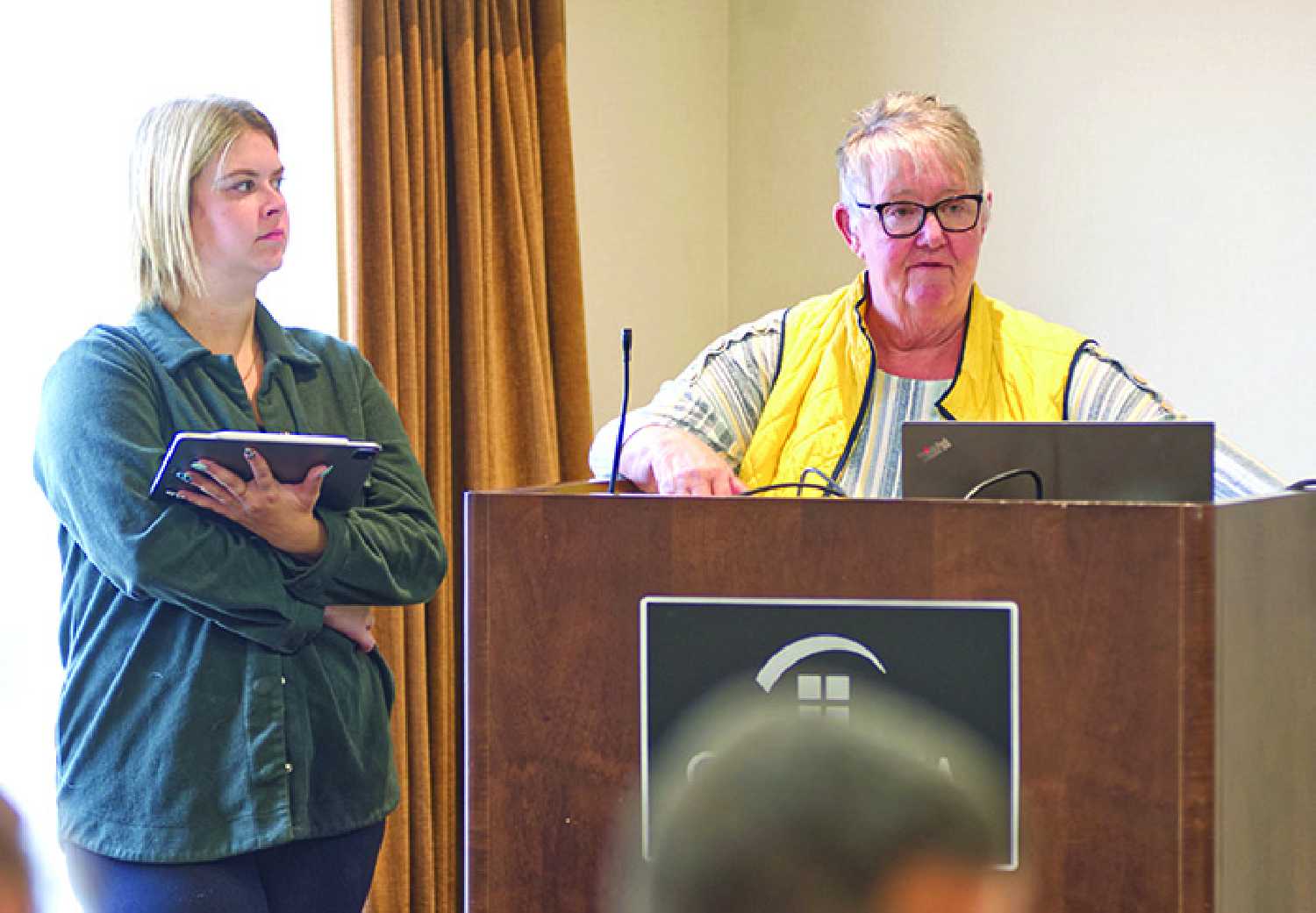 Casey McCormac, Moosomin’s Economic Development Officer, (left) and Carol Fawcett are part of a group interested in establishing a tourist information centre along Highway 1, speaking at the Moosomin Chamber of Commerce meeting last week