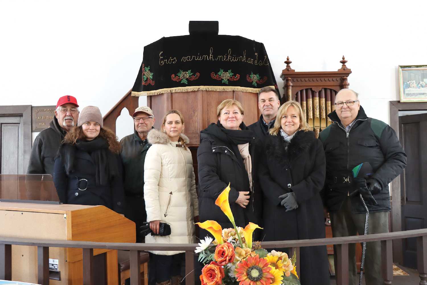 Katalin Szili and Maria Vass-Salazar at Bekevar church in Kipling along with Candace and Steven Bonk and members of the Bekevar Heritage Society.
