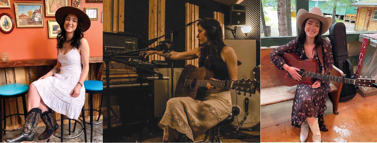 First photo: Morgan after performing at Blue Jay Sessions in Calgary. Middle photo: Morgan Robertson recording her album. Photo by Teya Photography. Last photo: Morgan backstage at Jack Pine Music Fest at Ness Creek in 2022.